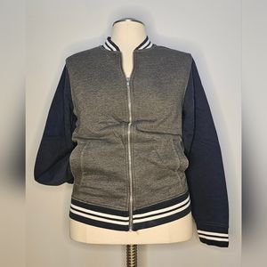 Full zip blue and grey varsity jacket